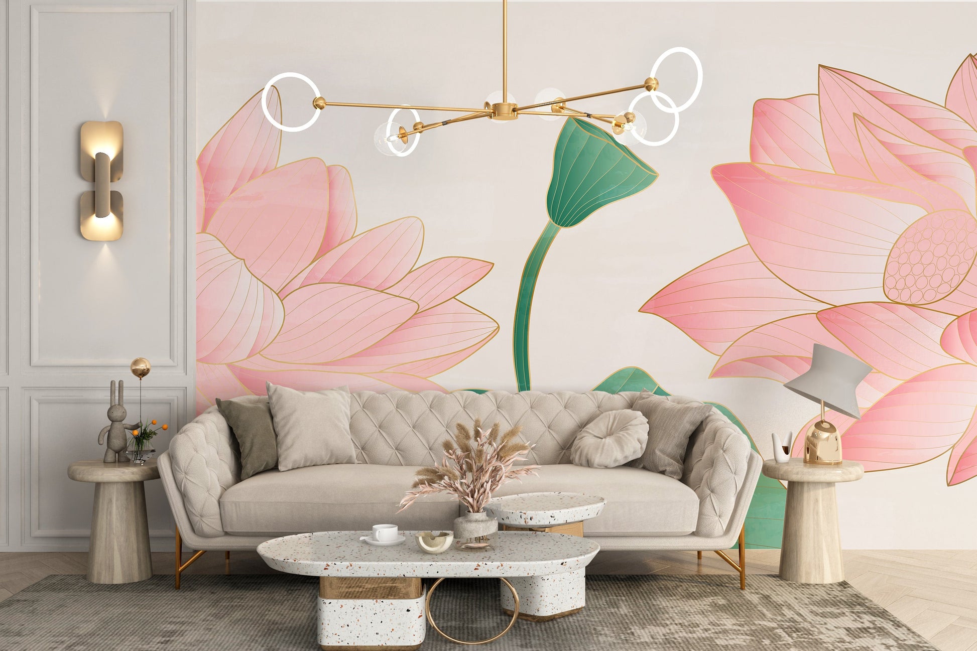 Large Golden & Pink Lotus Wallpaper Murals - Giffywalls