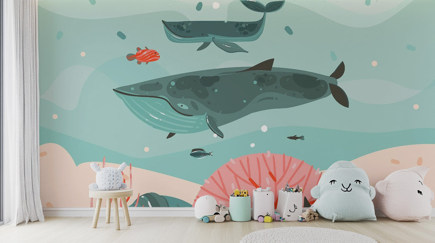 Whale Adventure Underwater Wallpaper Mural for Kids - Giffywalls