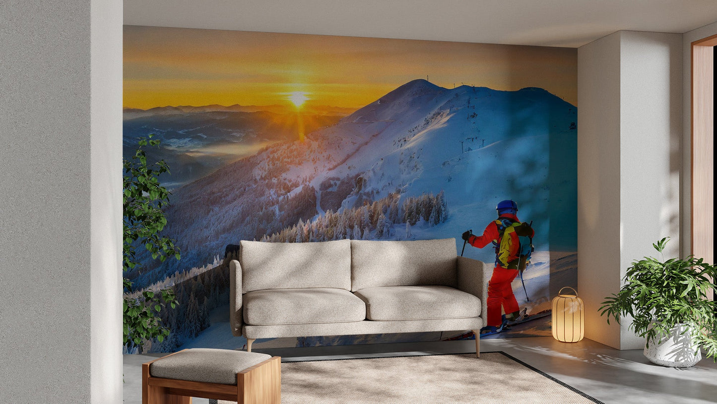 Alpine Dawn Skiing Adventure Mural - Giffywalls