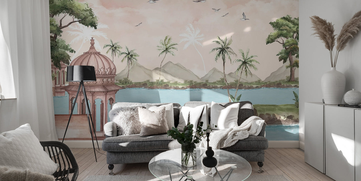 Watercolour Lakeside View Wall Mural for calm spaces
