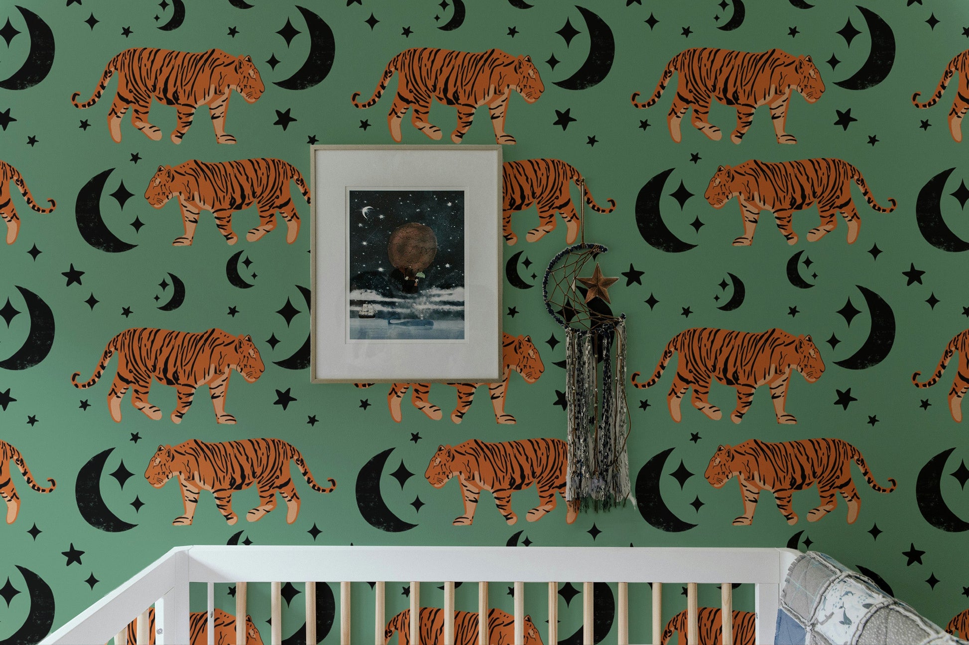 Kid-friendly Tiger Moon Green Kids Room Wallpaper