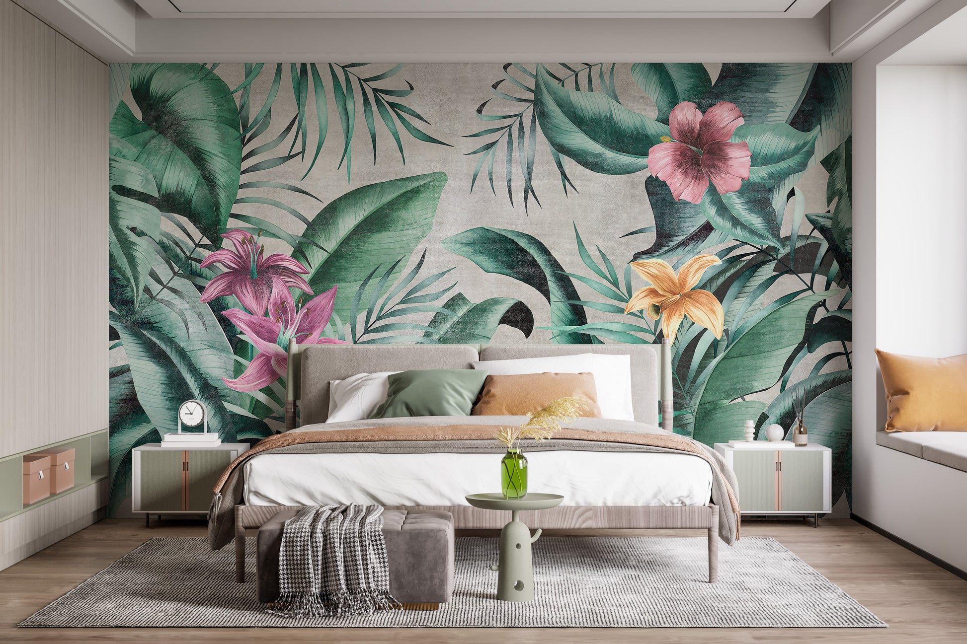 Rustic Floral Large Green Leaves Wallpaper Mural - Giffywalls