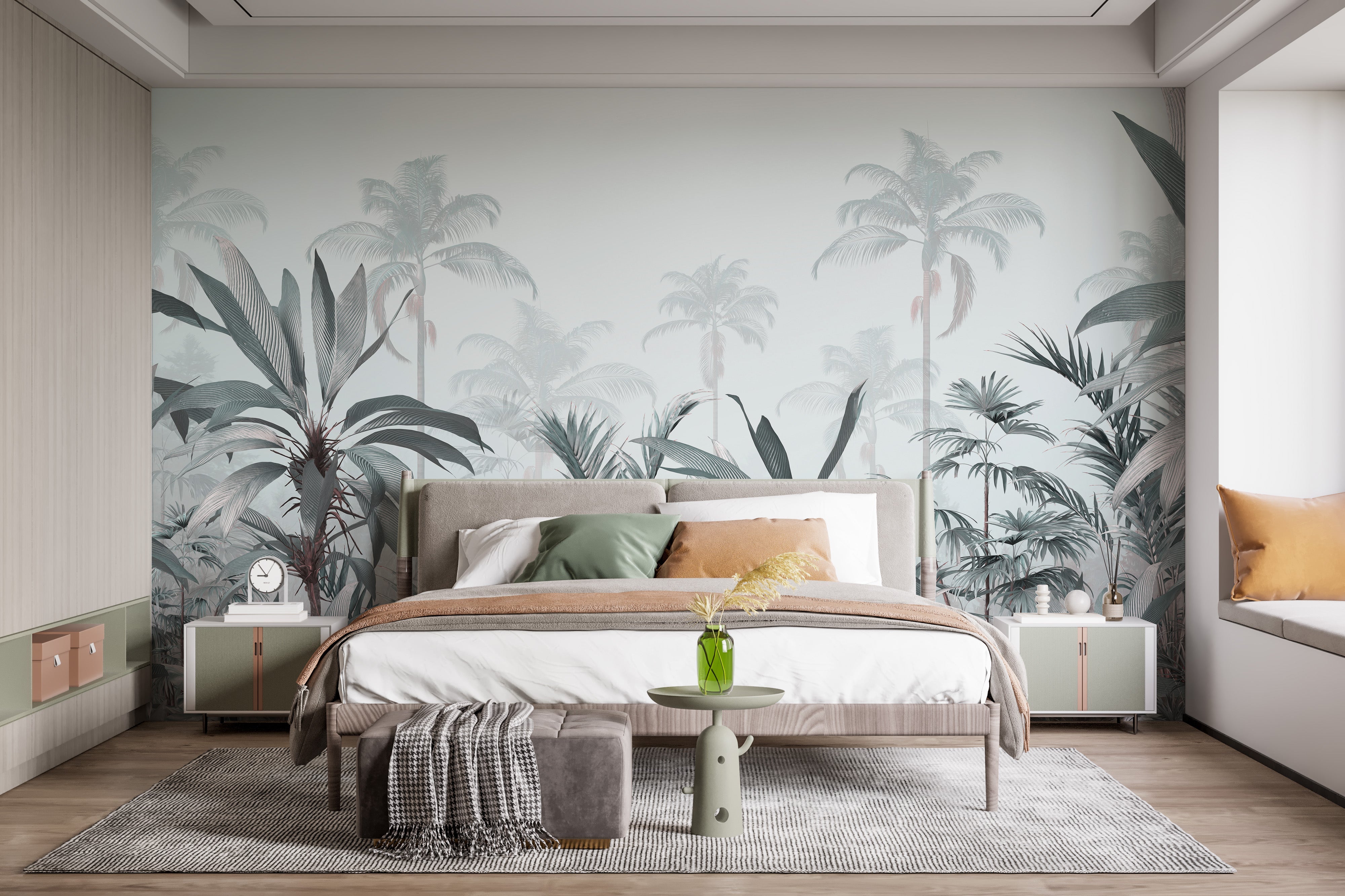 Riverside scene wallpaper mural with graceful flamingos