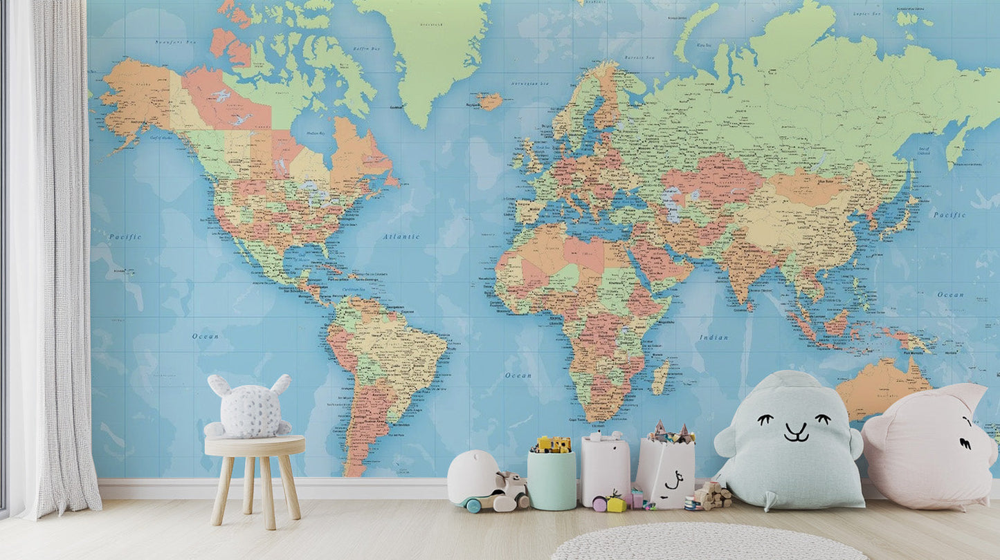 World Map Colourful Wallpaper Mural - Giffywalls