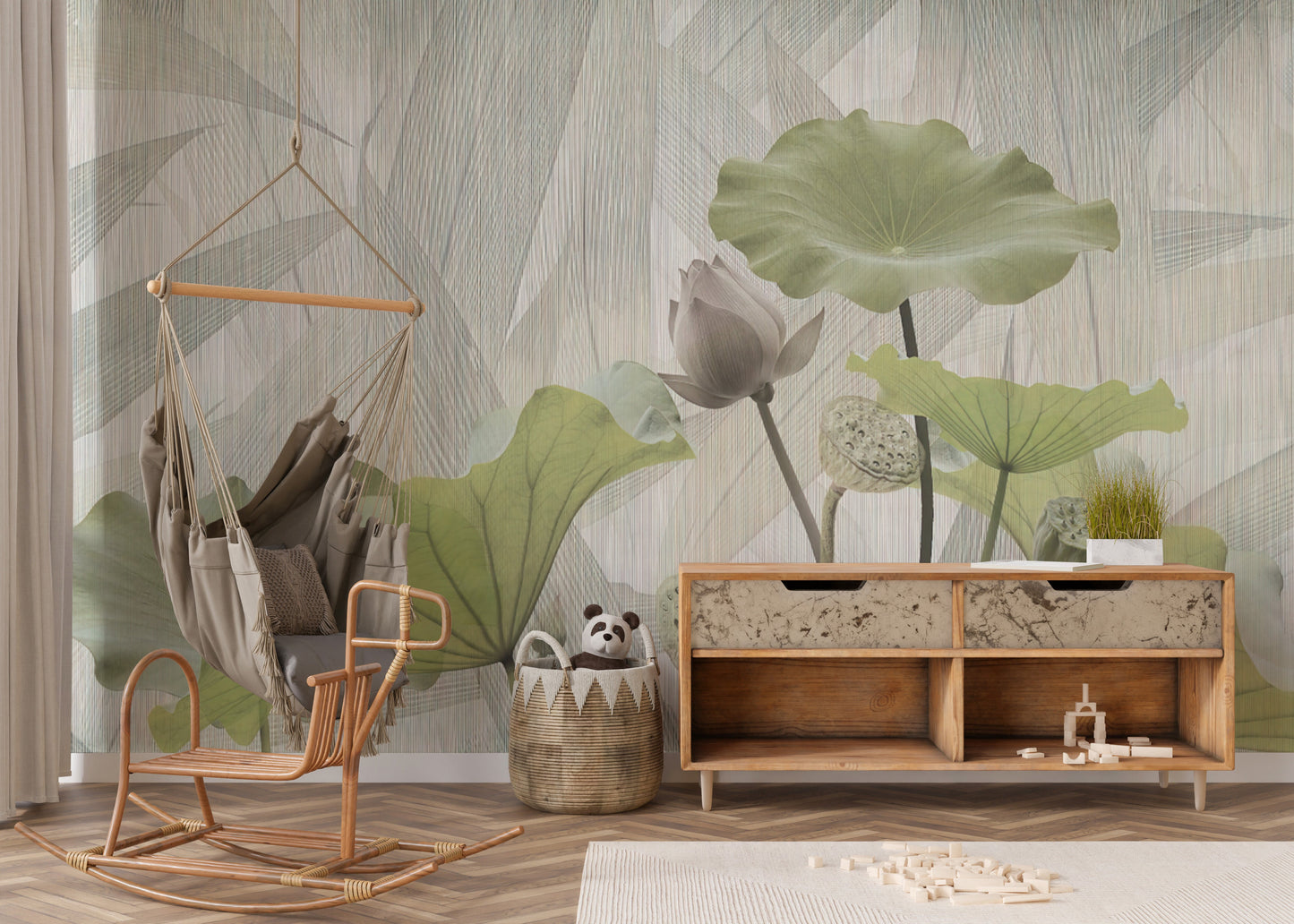 Elegant lotus mural wallpaper in calming green tones