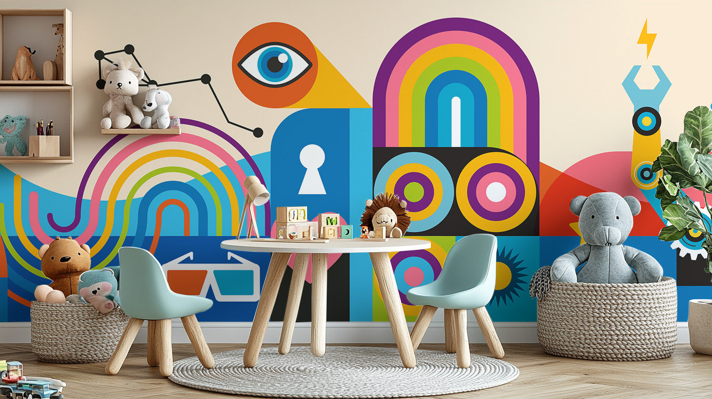 Colorful geometric shapes wallpaper for bold wall decor.