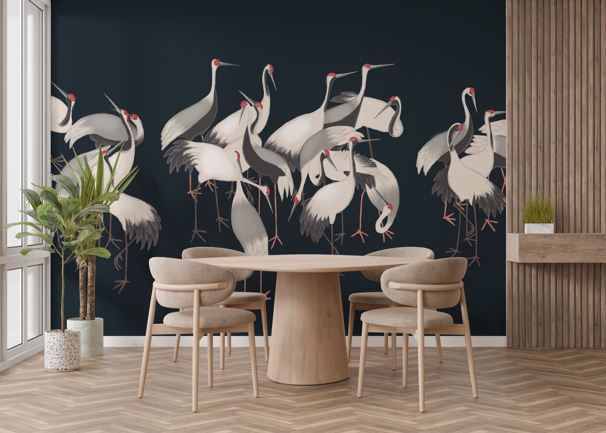 White Cranes wallpaper for dining room decor