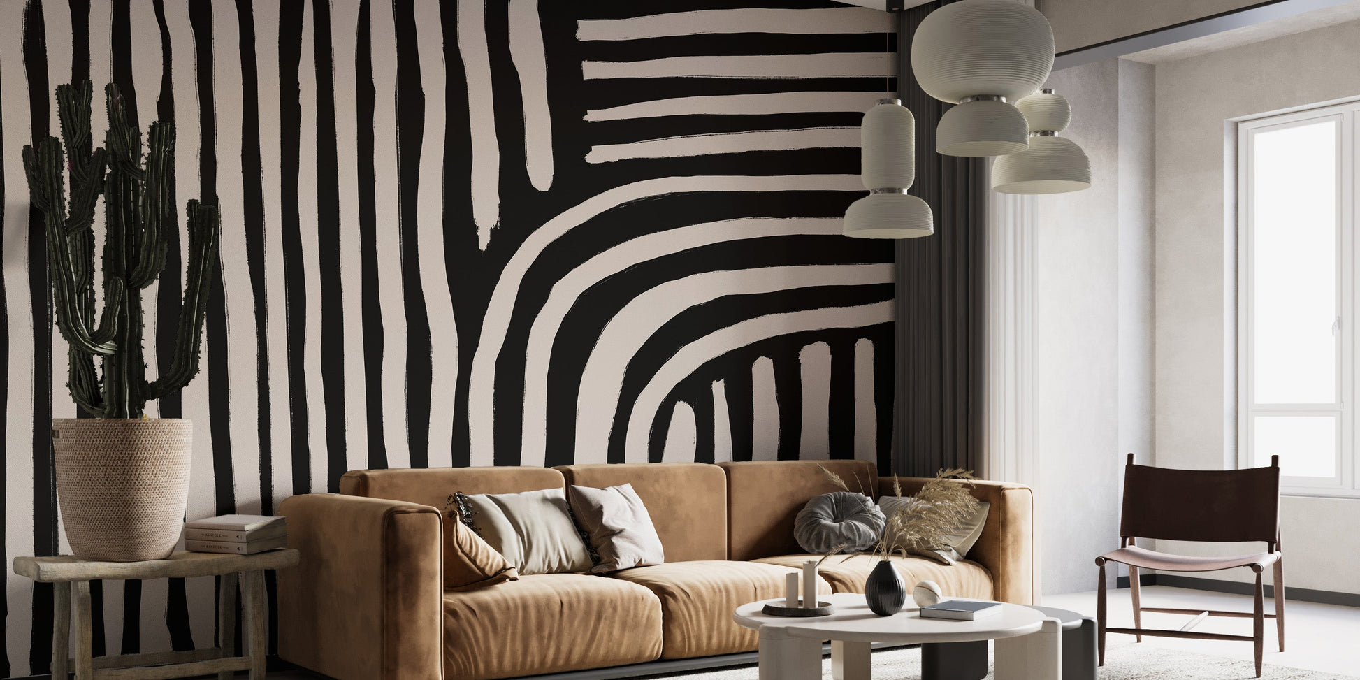 Striking black and white striped mural wallpaper