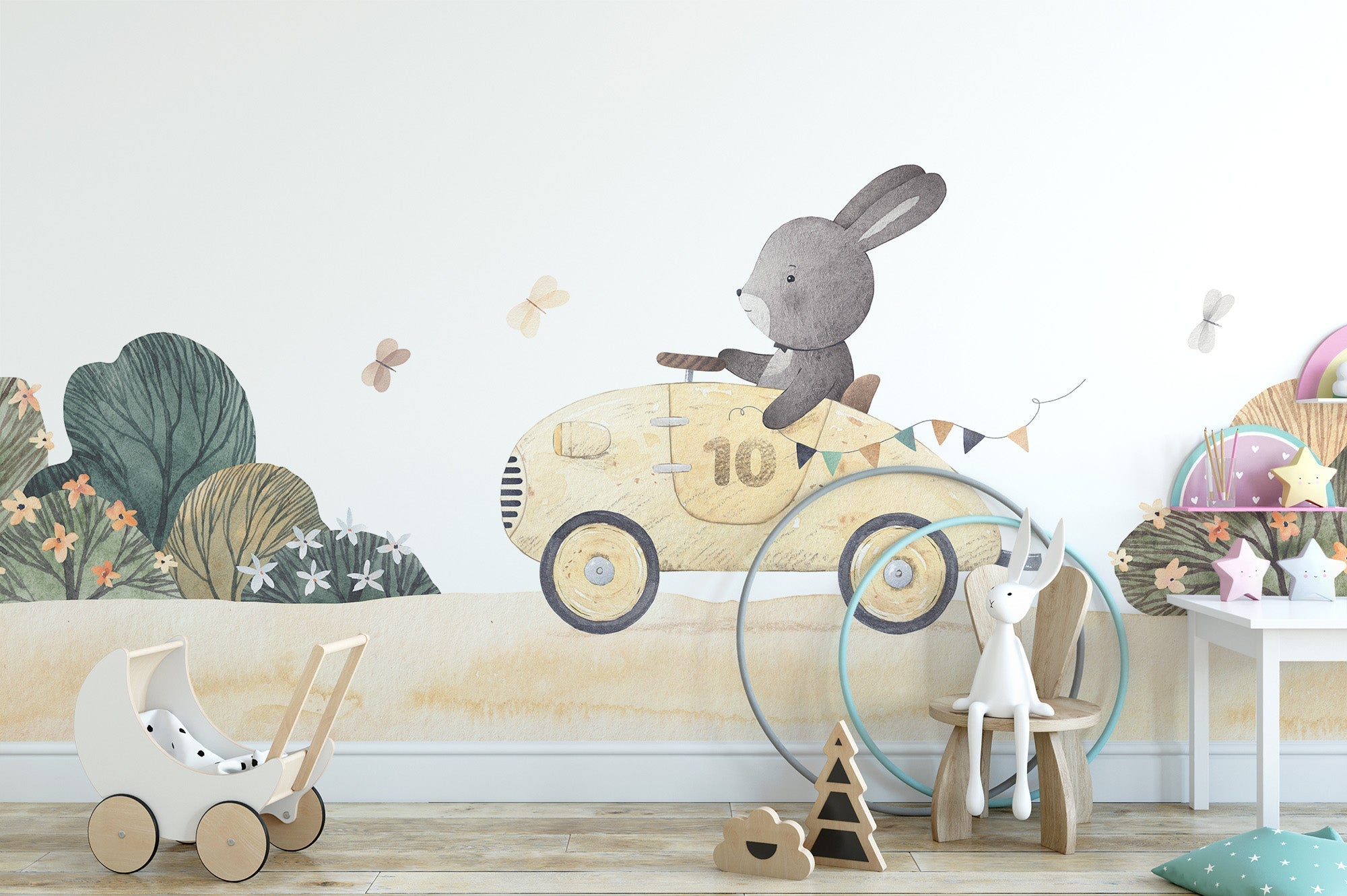 Fun bunny car ride mural wallpaper for playful kids' walls.