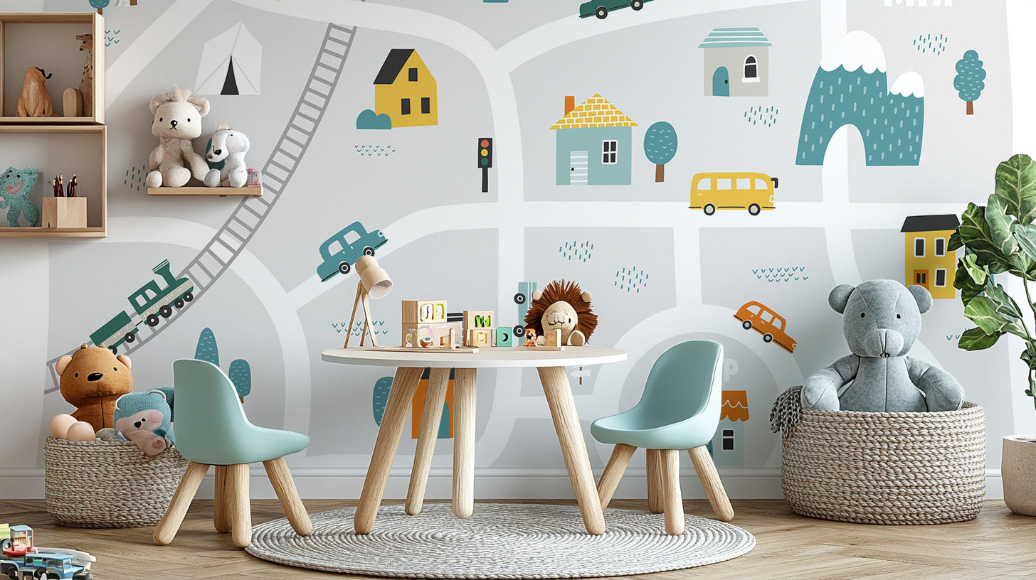 Playful town map wall mural wallpaper for kids' rooms.