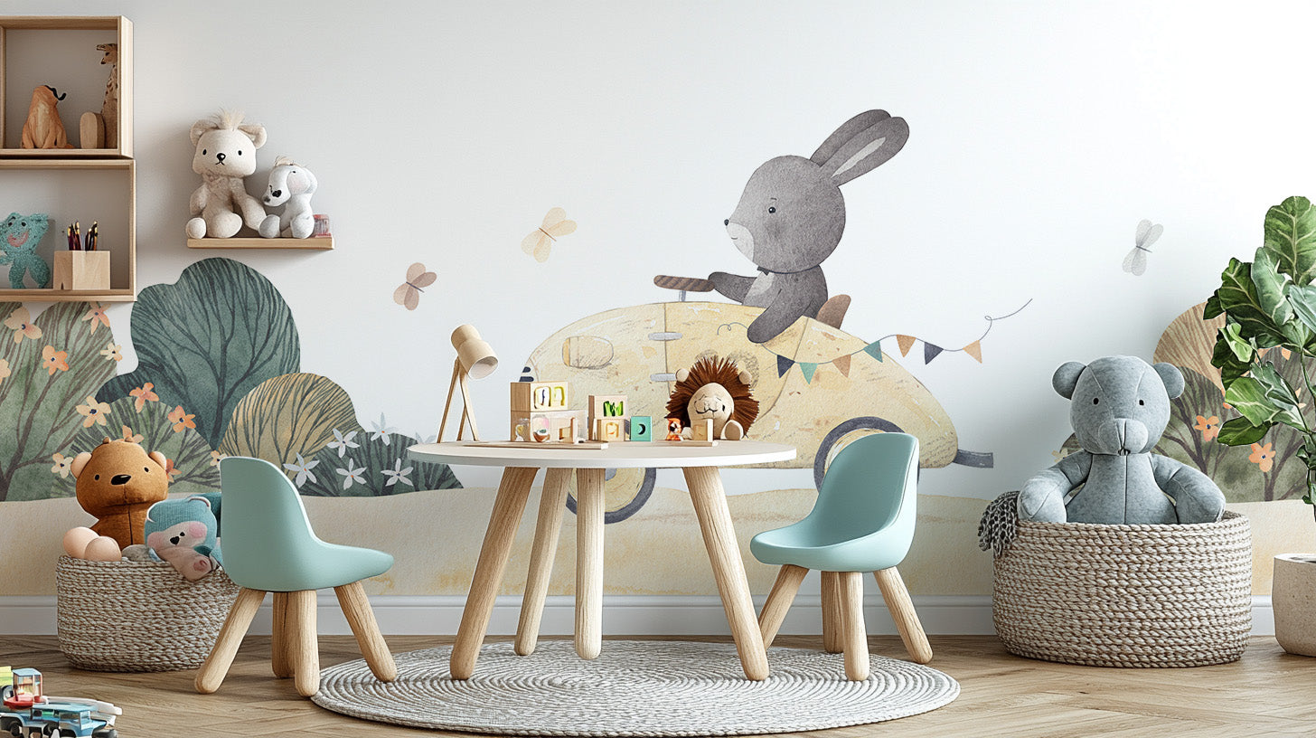 Playful Bunny Car Ride Kids Wall Mural - Giffywalls