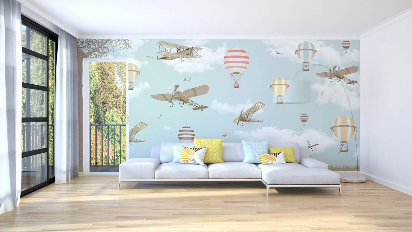 Hot air balloons and planes wallpaper mural
