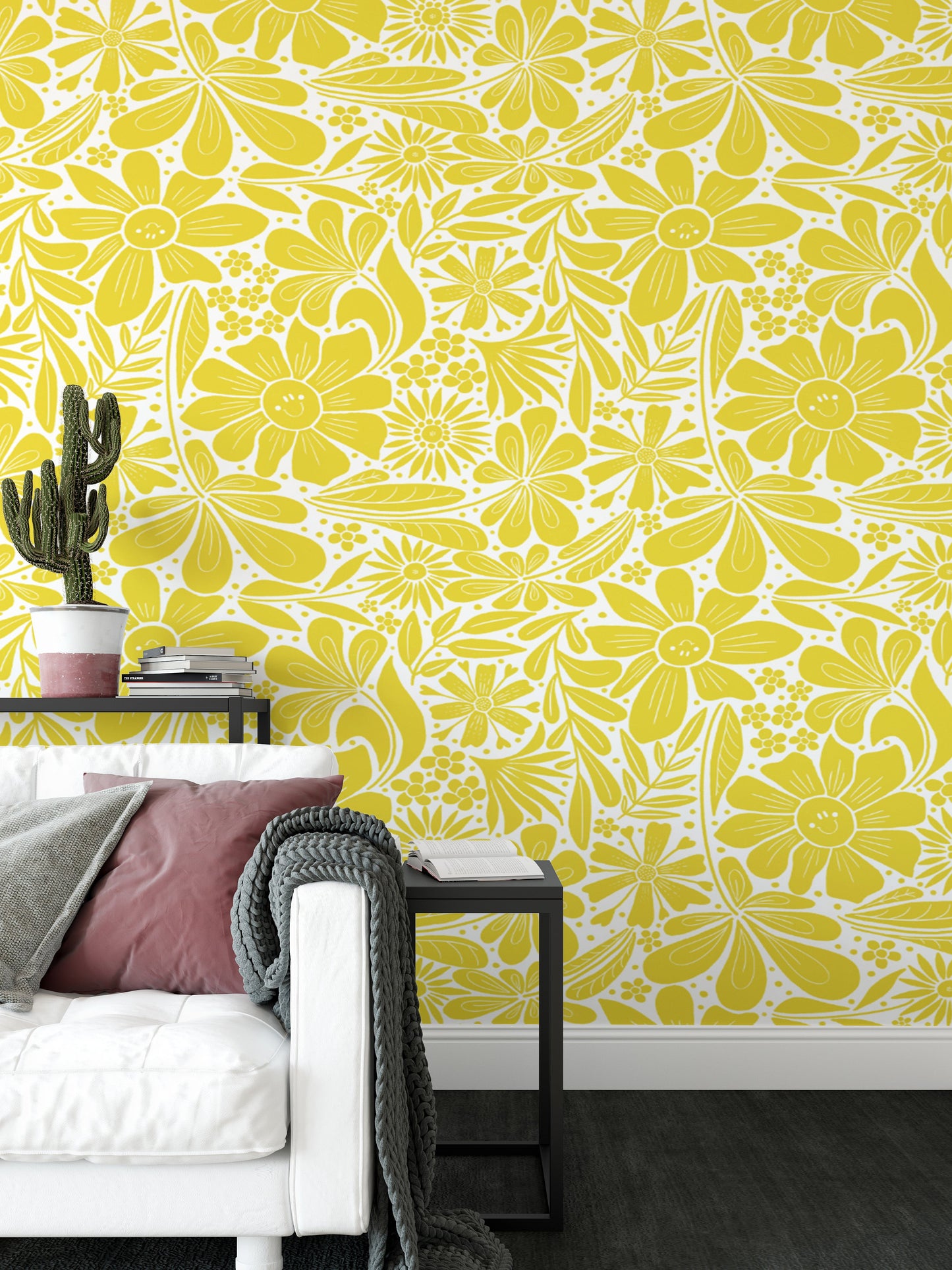 Refreshing happy blooms wallpaper in a sunny yellow palette.
