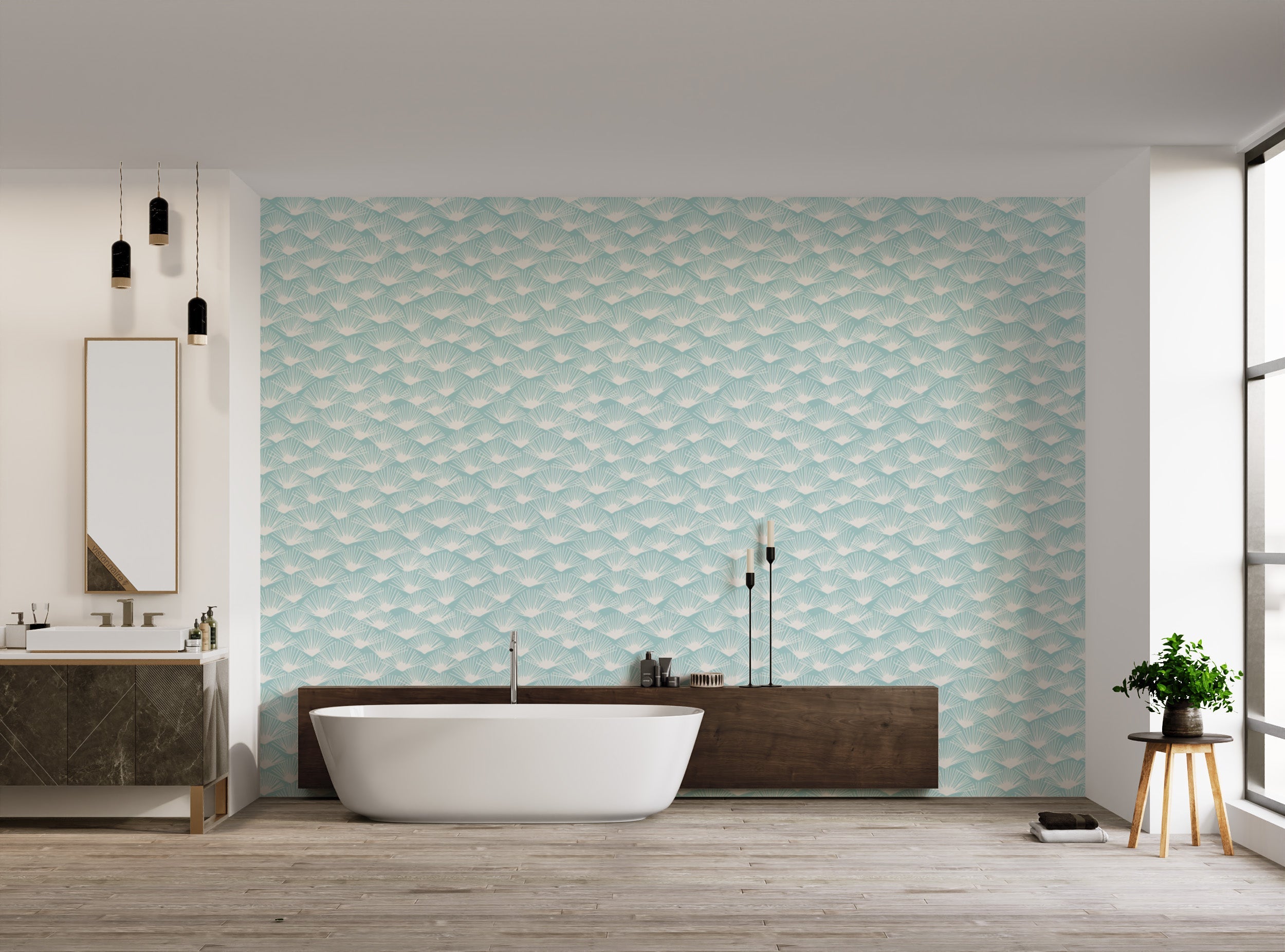 Artistic Abstract Aqua Fronds wallpaper for chic interiors.
