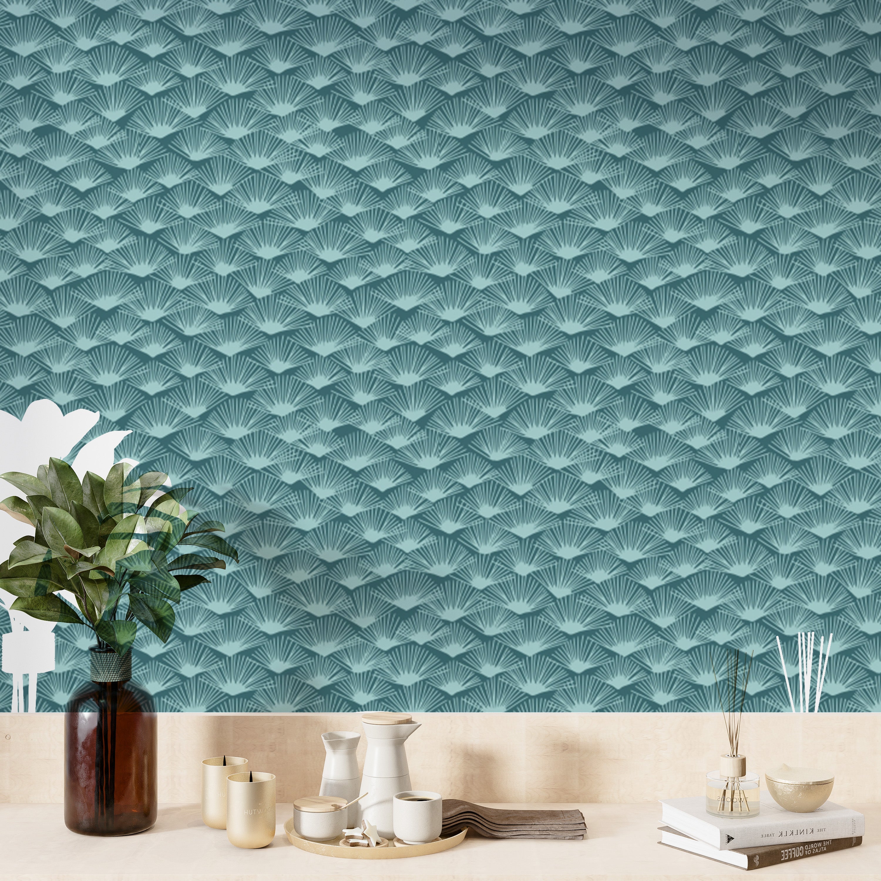 Modern Tropical Teal wallpaper adding depth and elegance to walls.
