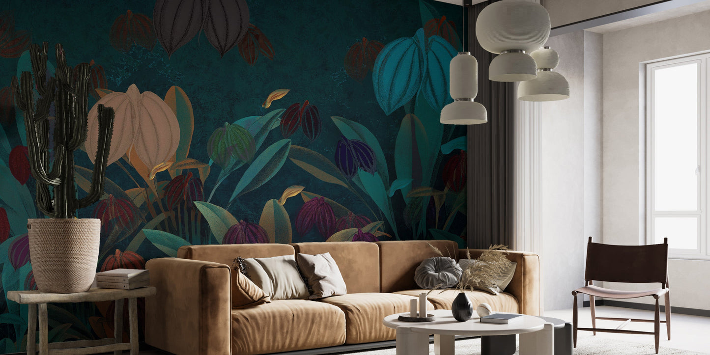 Living room walls bloom with vibrant Botanical wallpaper