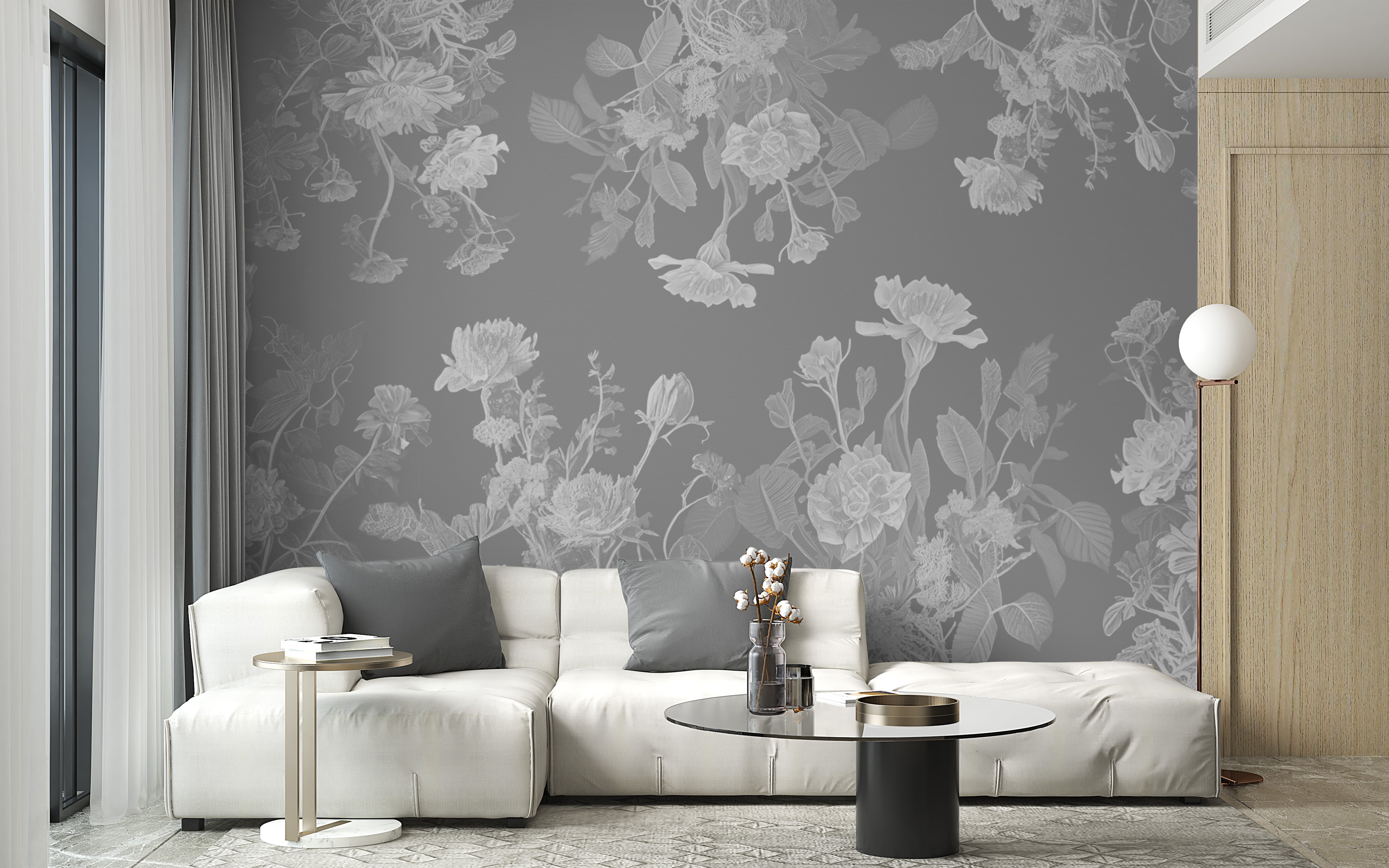 Subtle grey flower mural wallpaper for a calming bedroom vibe.
