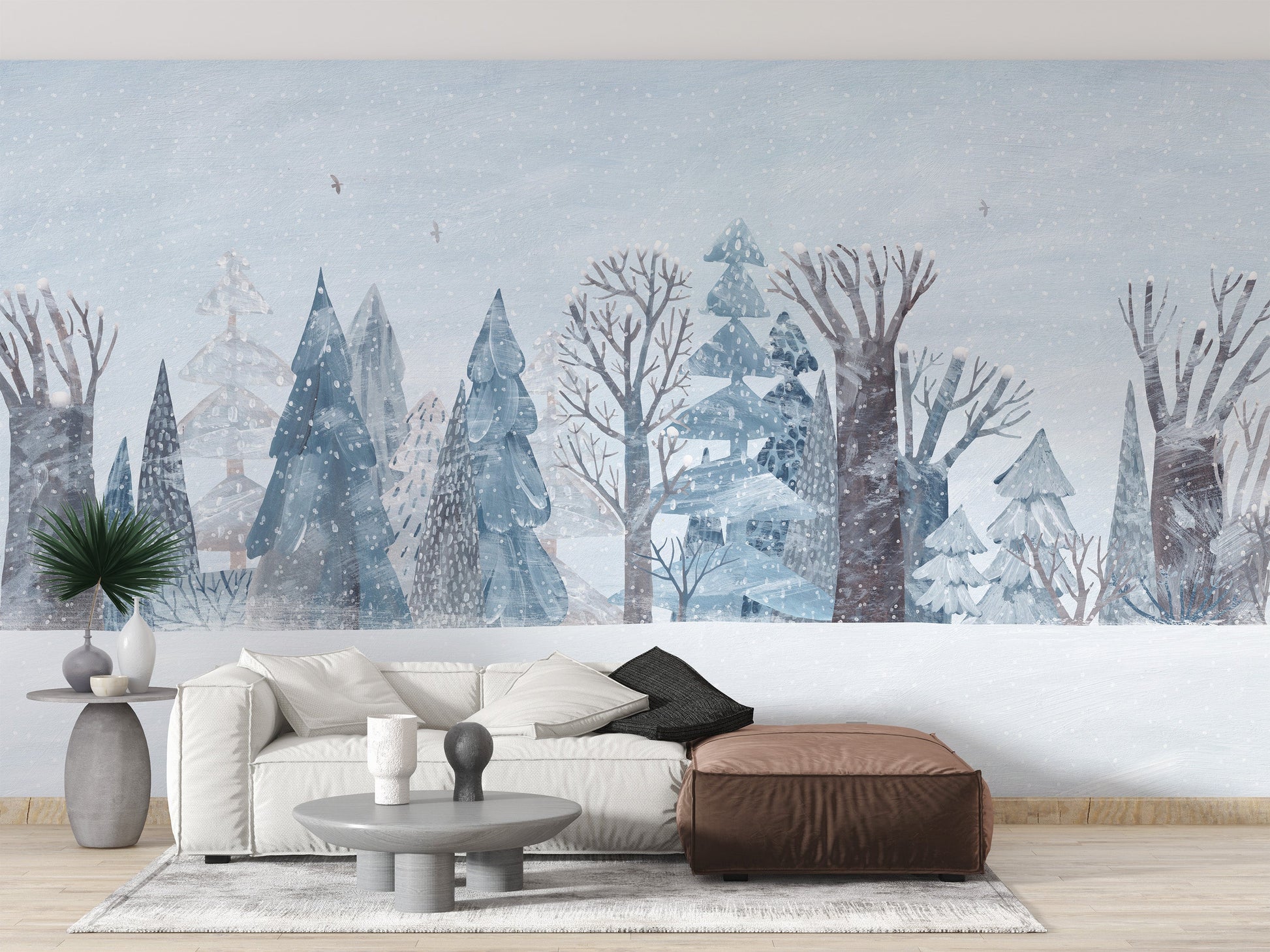 Serene winter wonderland forest wall mural for homes.