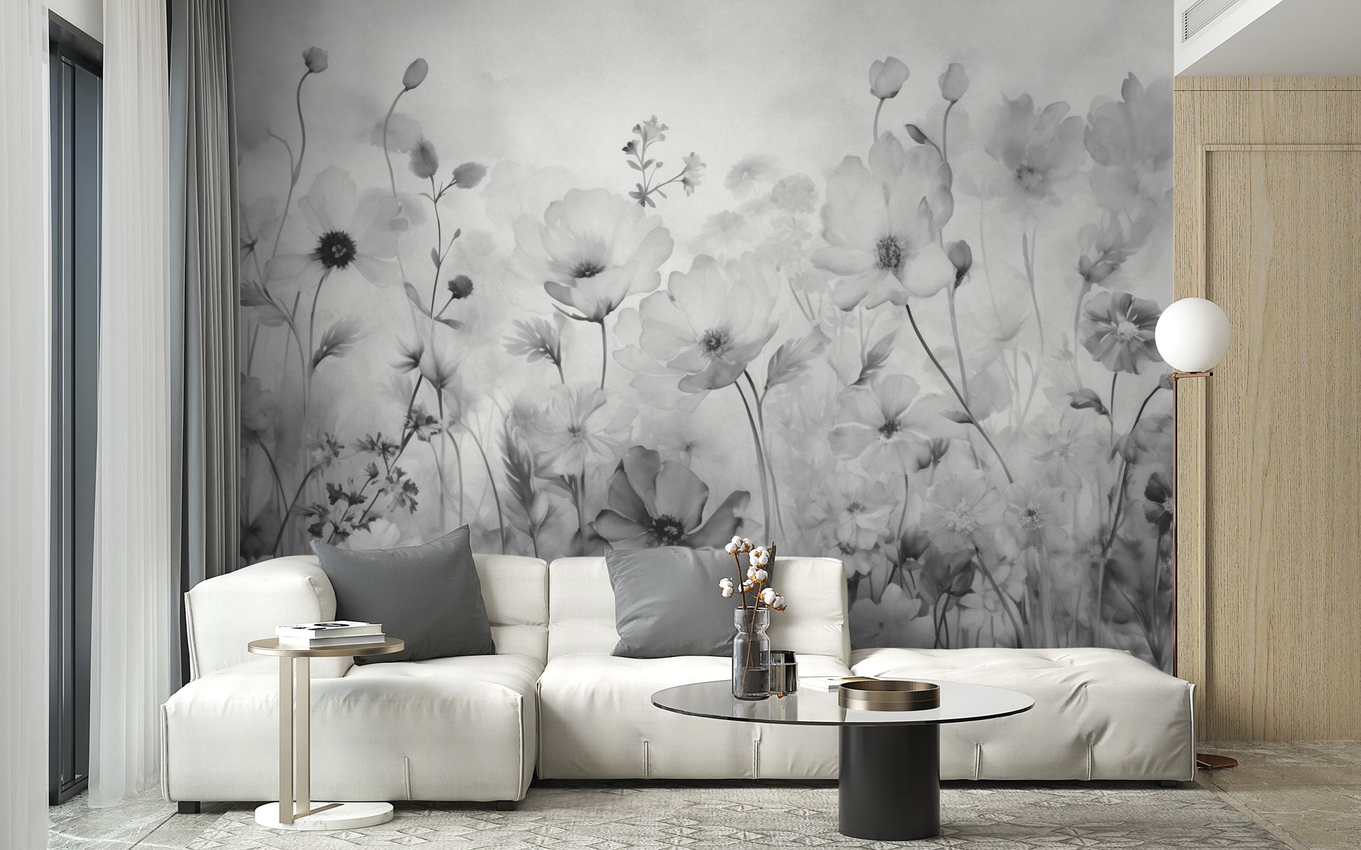 Spring grey flower wallpaper for walls to create a fresh, serene vibe.