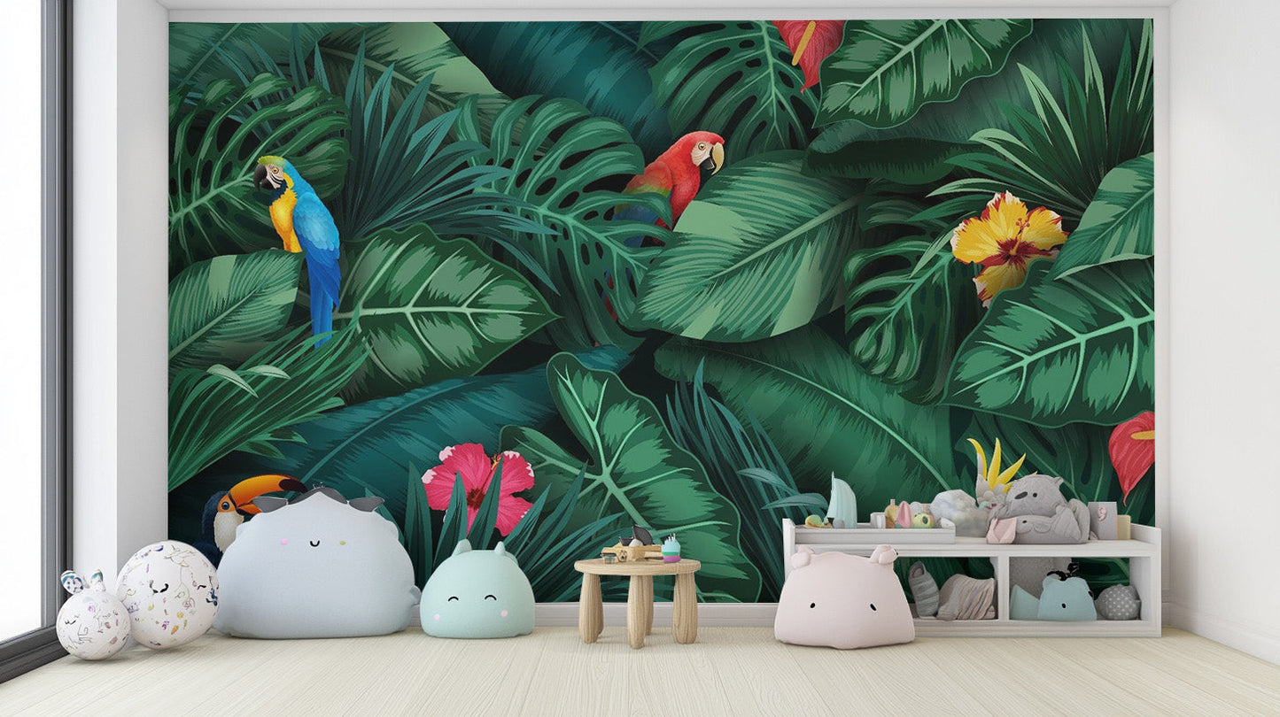 Tropical Green Leaves and Birds Wallpaper Mural - Giffywalls