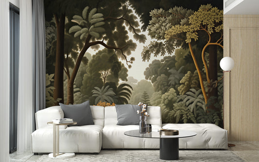 Green woodcut botanical wallpaper for nature-inspired rooms.
