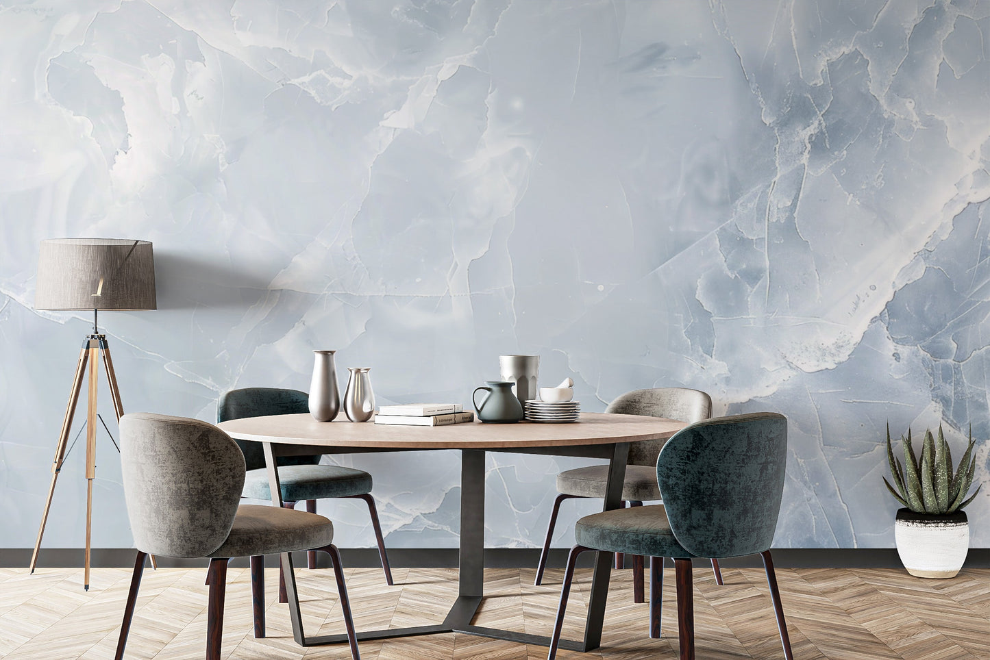 Dining room feels elegant with light blue frost wallpaper