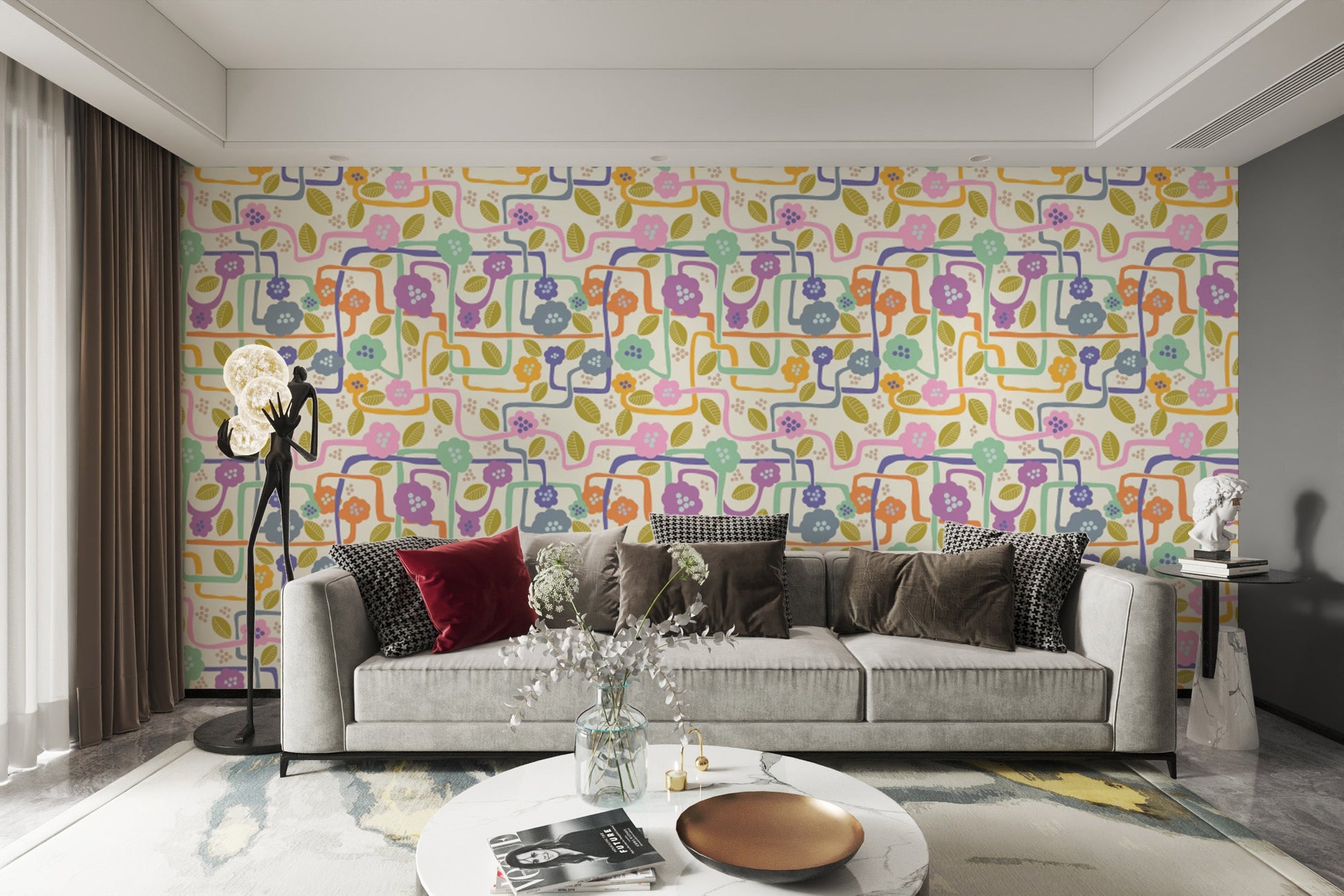 Blooming whimsy wallpaper mural featuring bold, intricate blooms.
