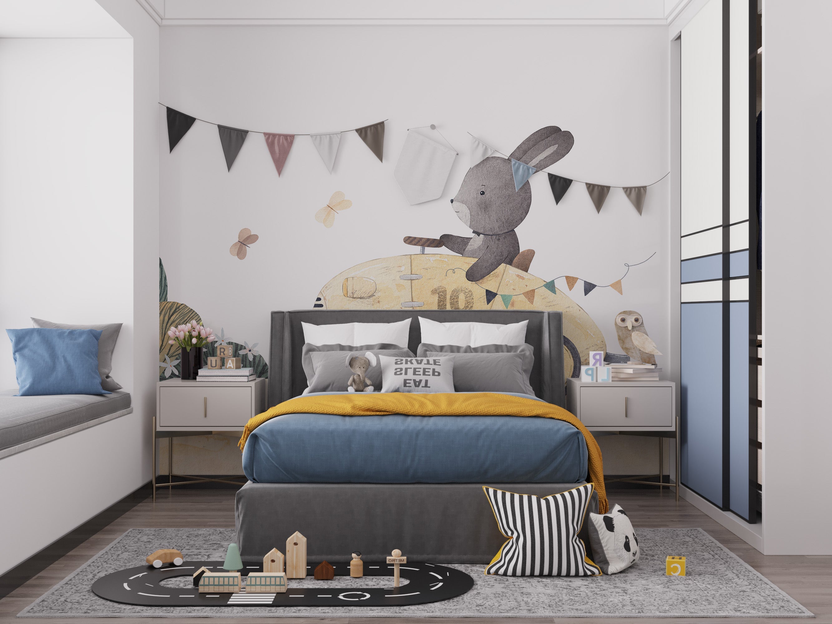 Playful Bunny Car Ride Kids Wall Mural - Giffywalls