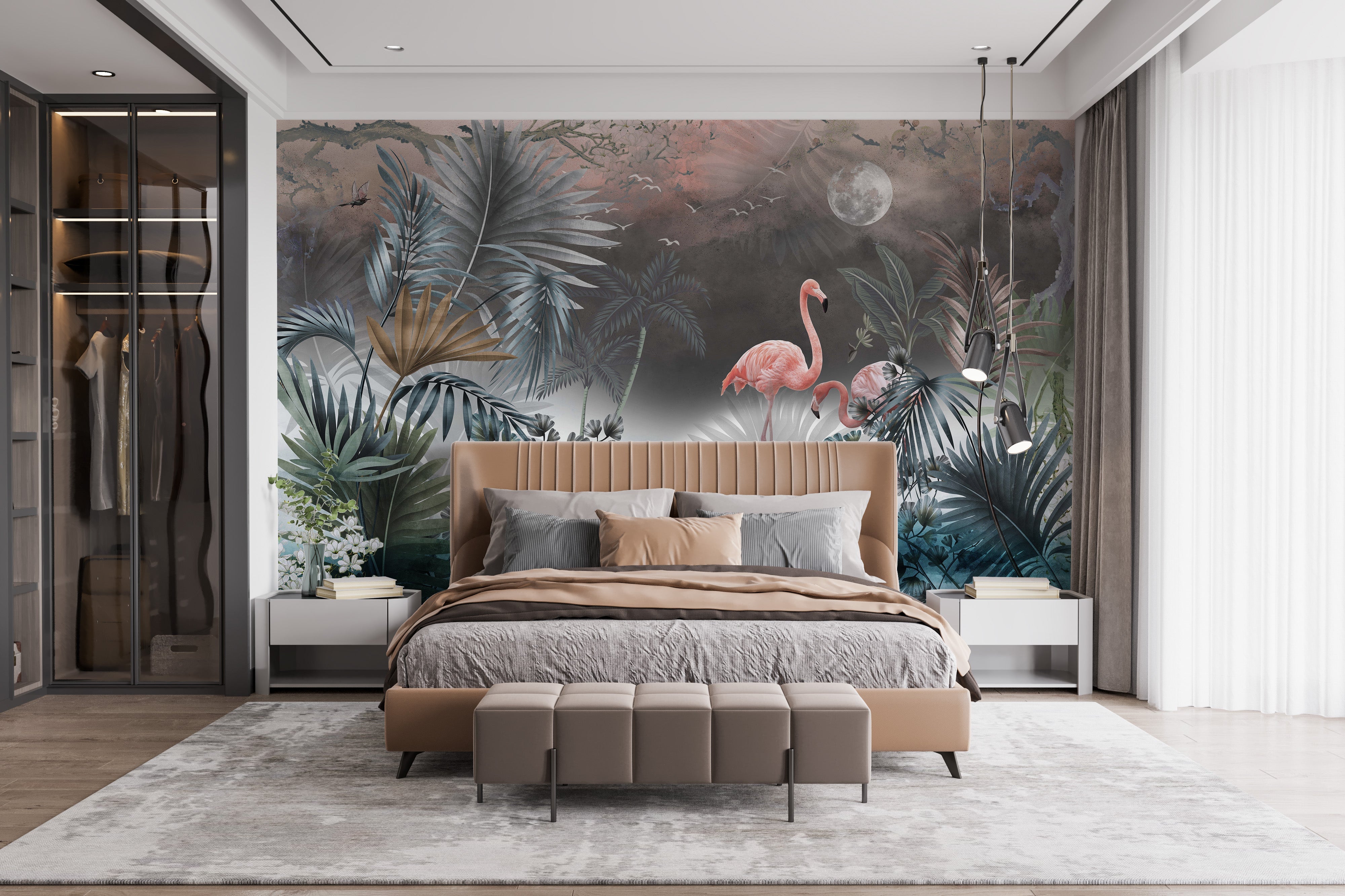 Artistic monstera leaf wall mural design
