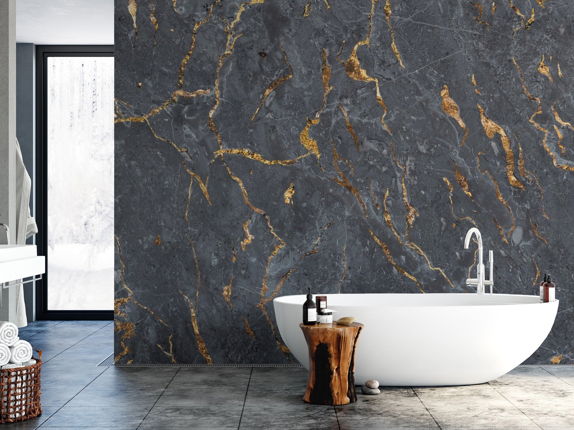 Unique black marble wallpaper for modern bathroom walls
