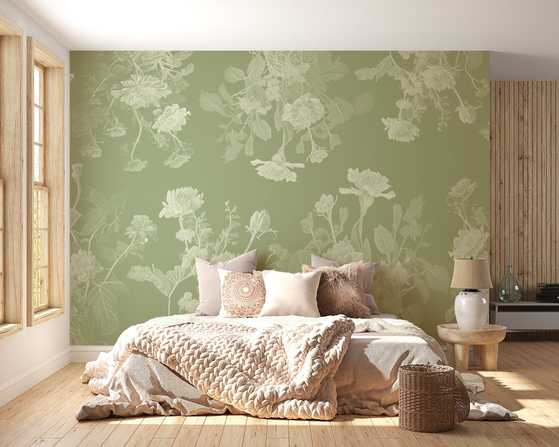 Green Floral Wallpaper Mural - Giffywalls