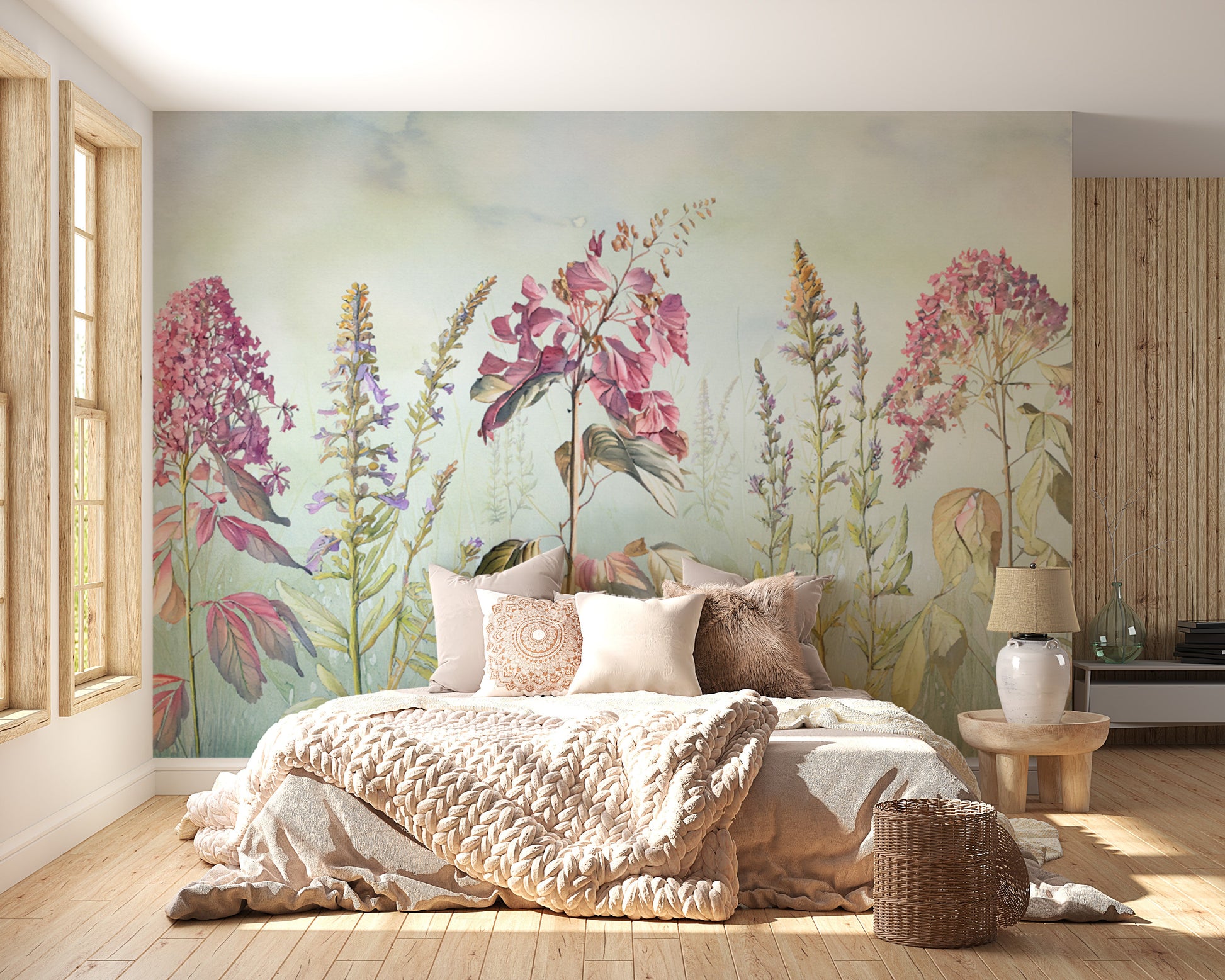 Wild flowers meadows blue wallpaper mural perfect for a nature-themed room.