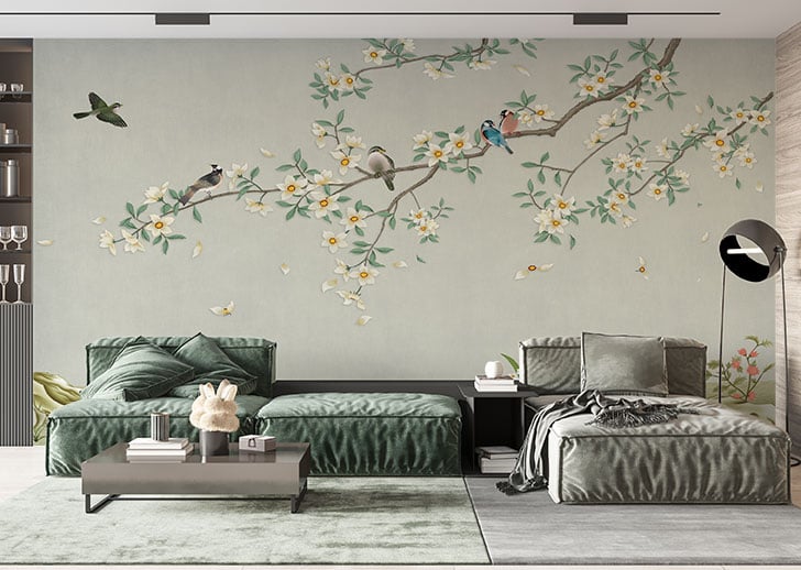 Birds on Branch Green Color Wallpaper Mural - Giffywalls