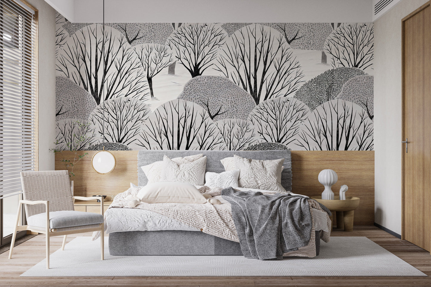 Nature-inspired black and white trees wallpaper mural