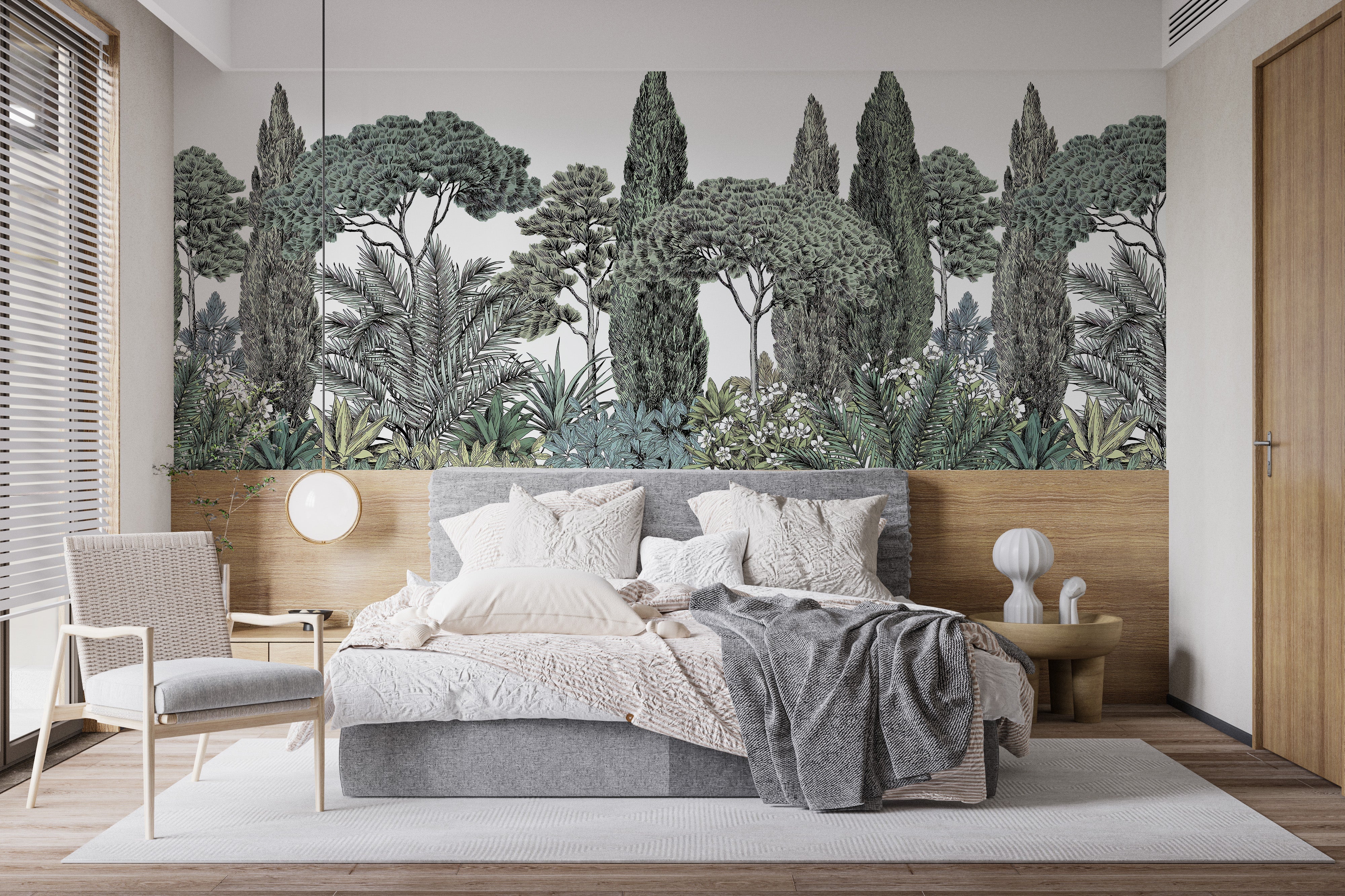 Forest wallpaper mural with lush garden-style greenery design.
