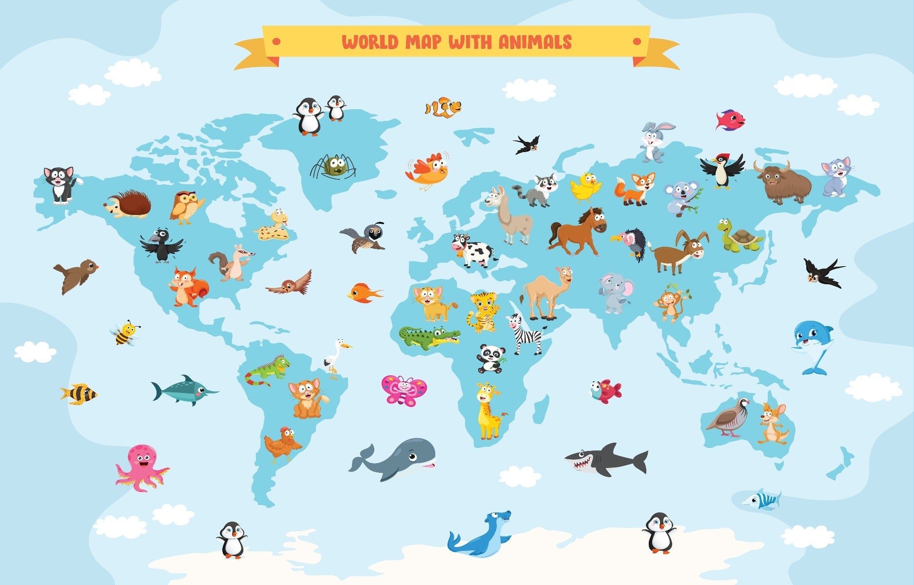 Animal Safari Peel and Stick Worldmap wallpaper mural for Kids