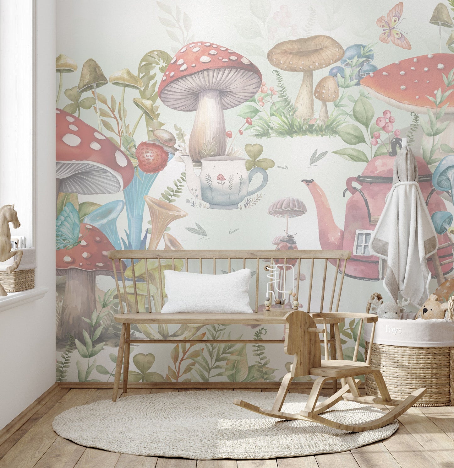 Whimsical Mushroom Garden wallpaper sparks play