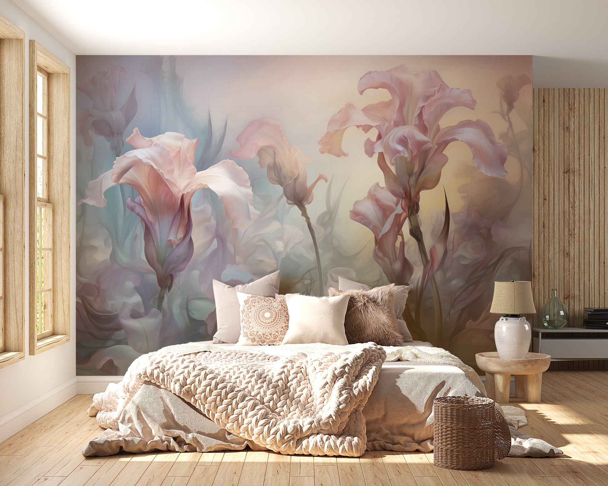 Transform your space with delicate iris pale pastel floral wallpaper mural.