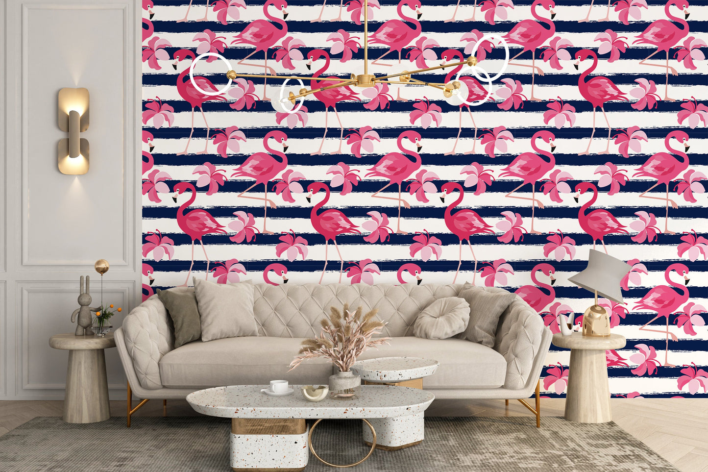 Blue Stripes & Pink Flamingo Wallpaper - Giffywalls