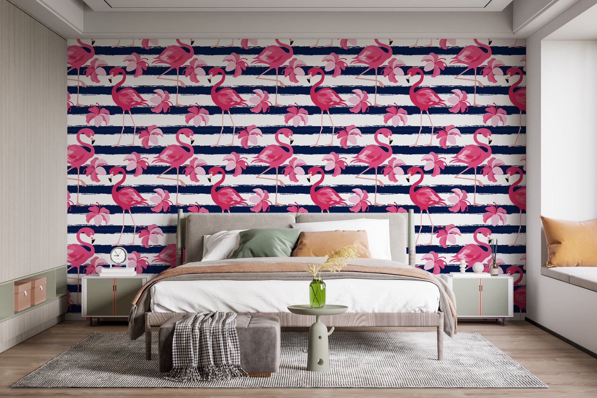 Blue Stripes & Pink Flamingo Wallpaper - Giffywalls