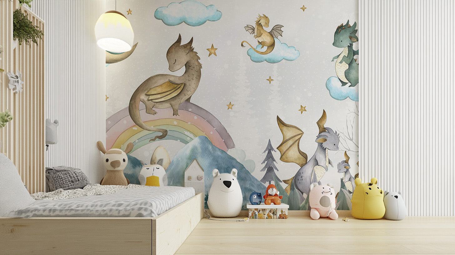 Playful Dragons in Fantasy Mural
