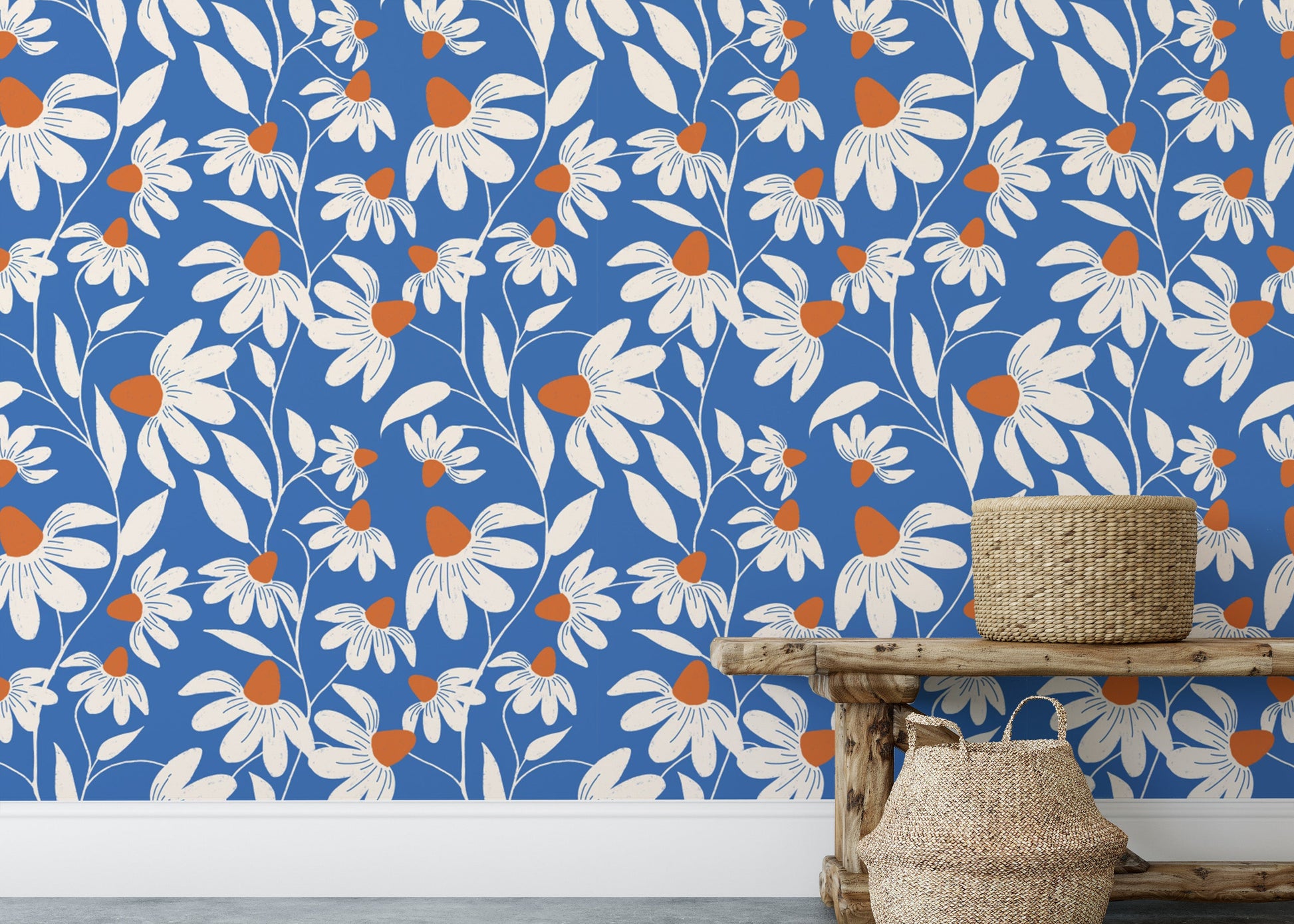 Bold Blue Floral Wallpaper with Coneflowers
