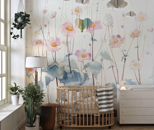 Watercolor blue leaves Pink Petals Wall Mural