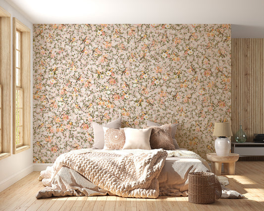 Birds and floral orange wallpaper design
