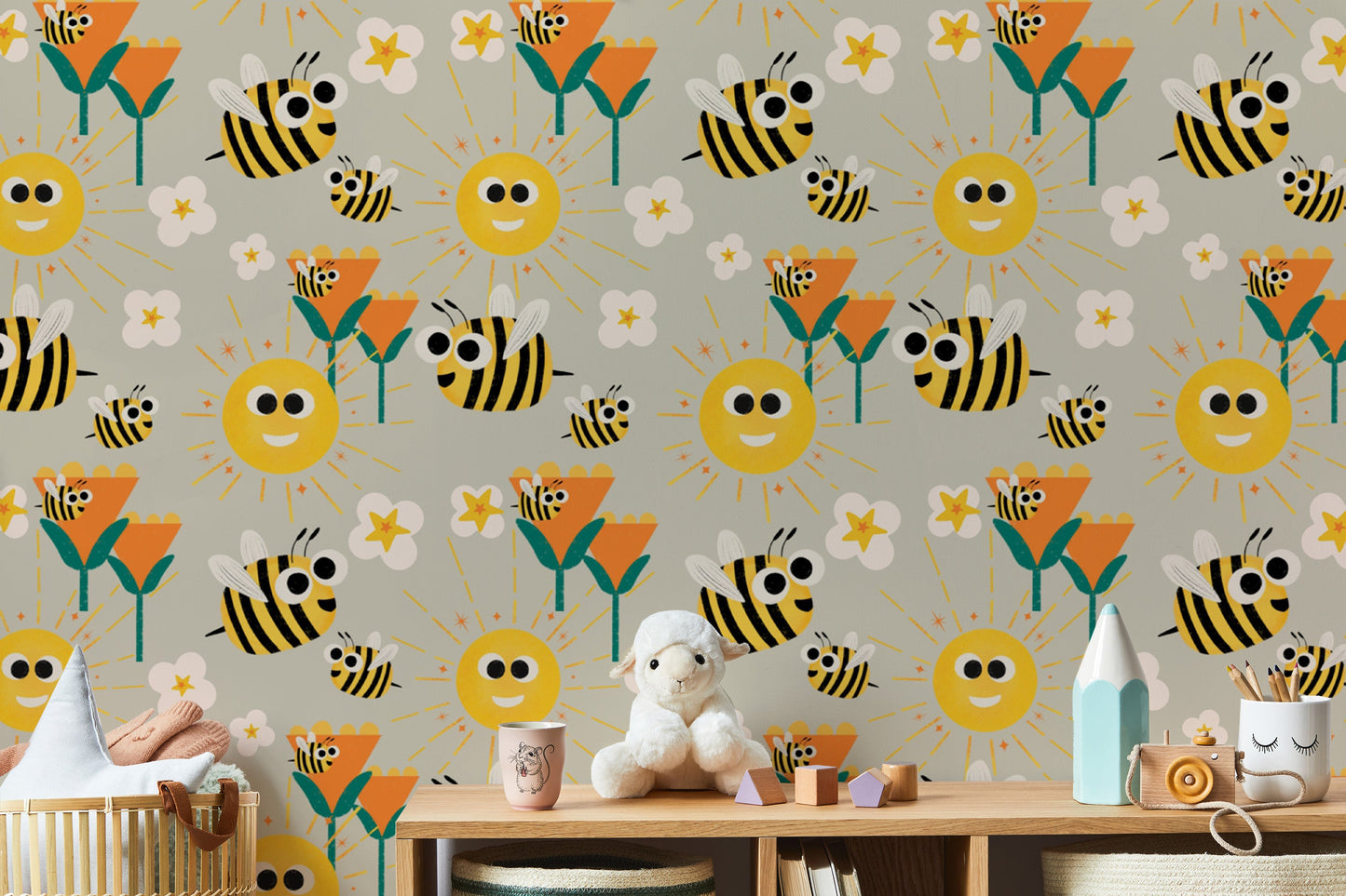 Vibrant mural with bees and sunshine accents
