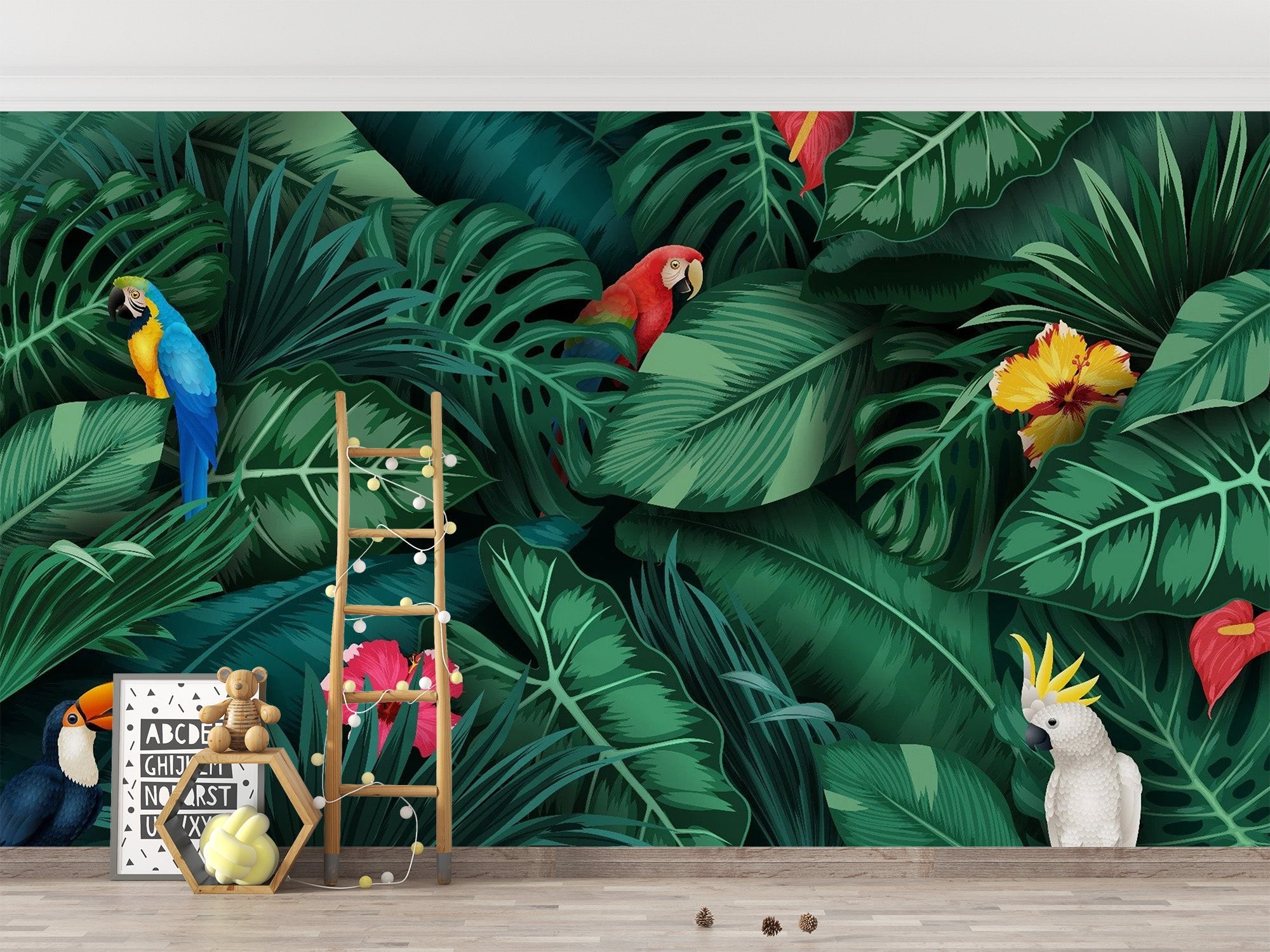 Tropical Green Leaves and Birds Wallpaper Mural - Giffywalls