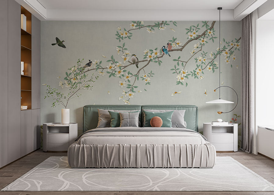 Birds on Branch Green Color Wallpaper Mural - Giffywalls