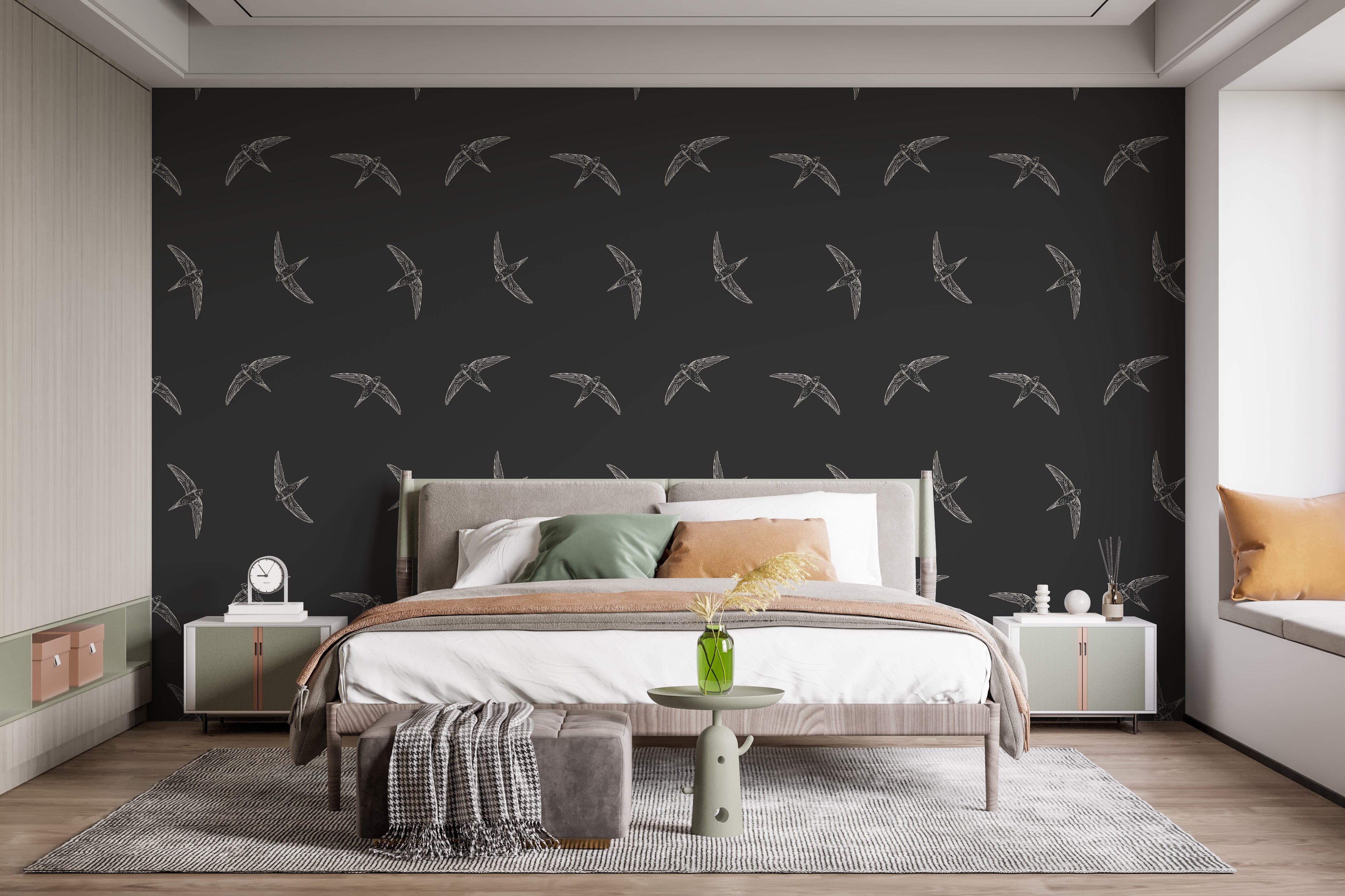 Black flying birds on bold background mural