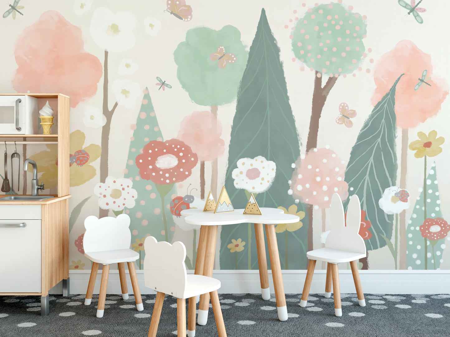 Delicate watercolor floral trees mural perfect for modern spaces.
