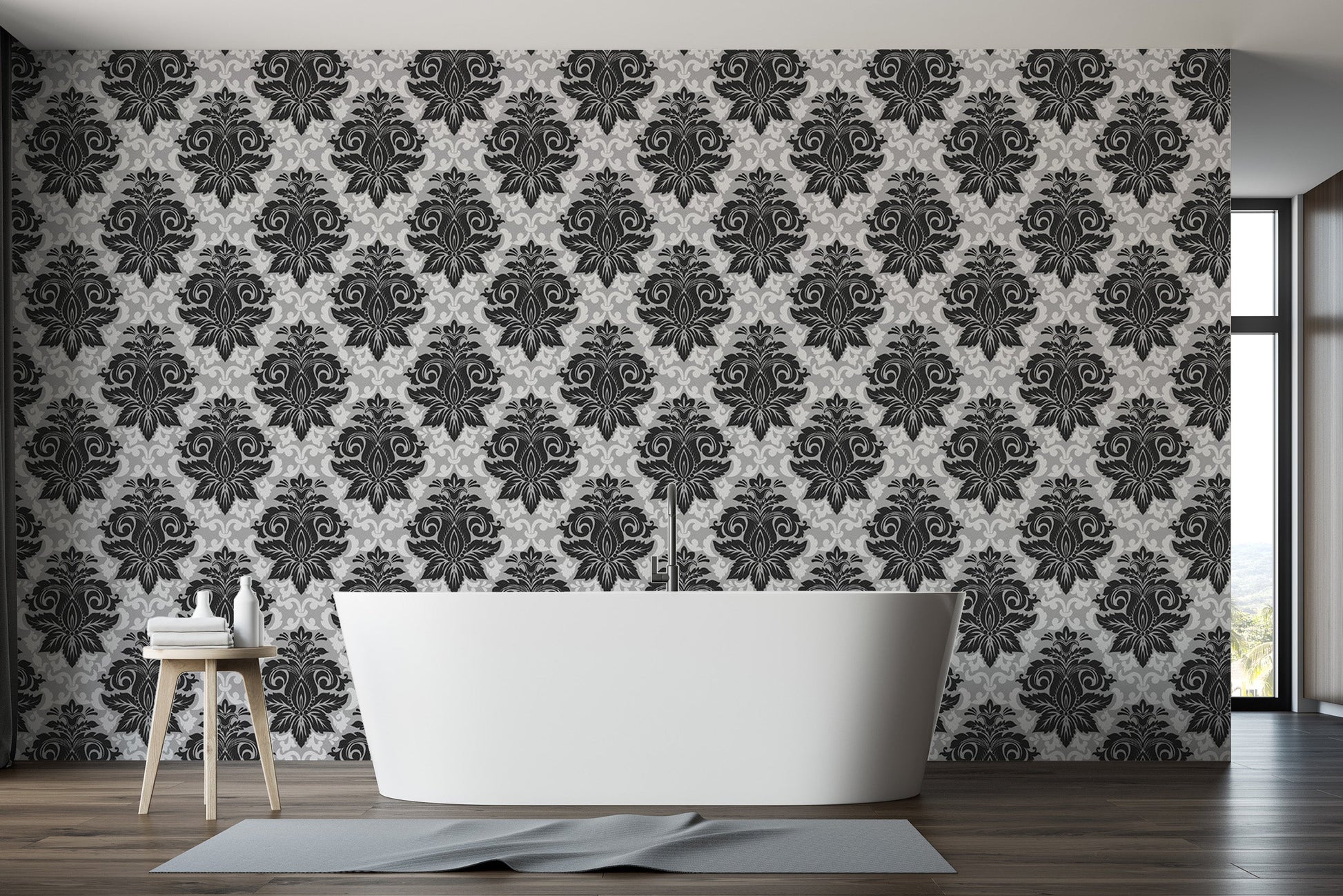 Timeless black and white damask wallpaper design
